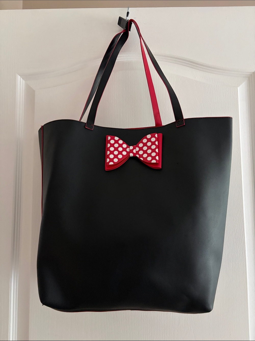 Disney Reversible Black Tote with Red Polka Dot Bow Accent